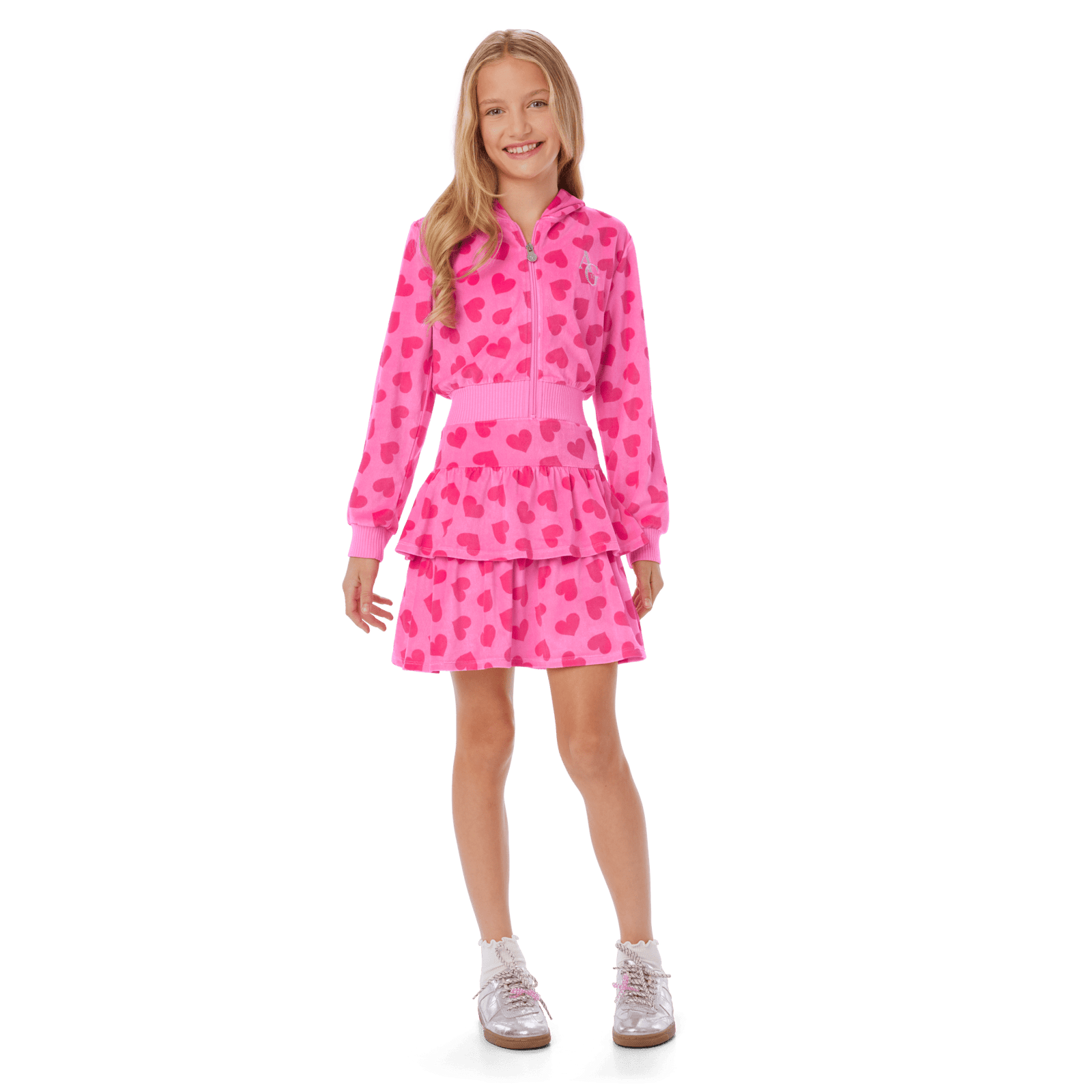 Pink Hearts Hoodie Dress for Girls M1