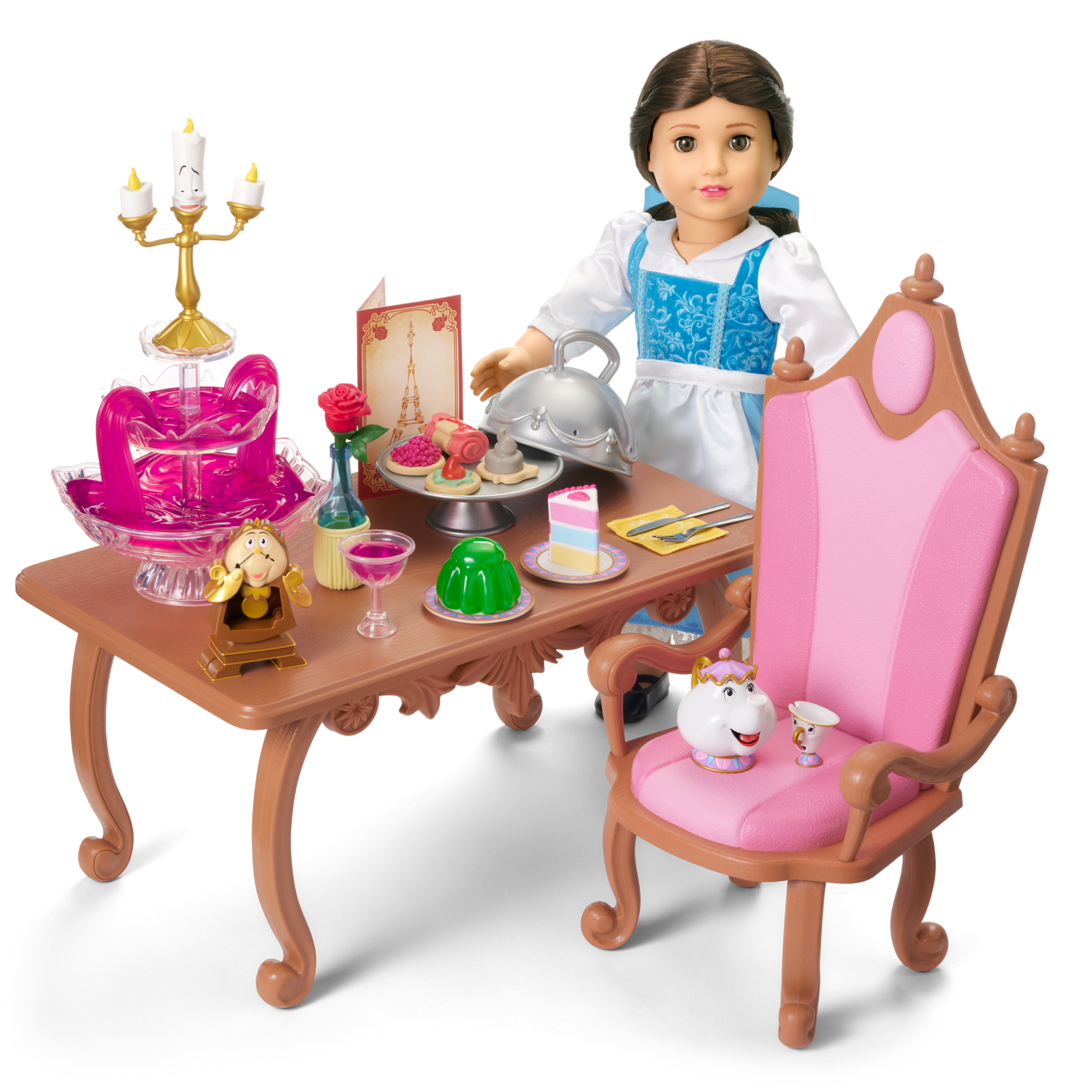 Disney Princess Belle Enchanted Castle Dining Set, Blue Dress & Friends Bundle for 18-inch Dolls M6