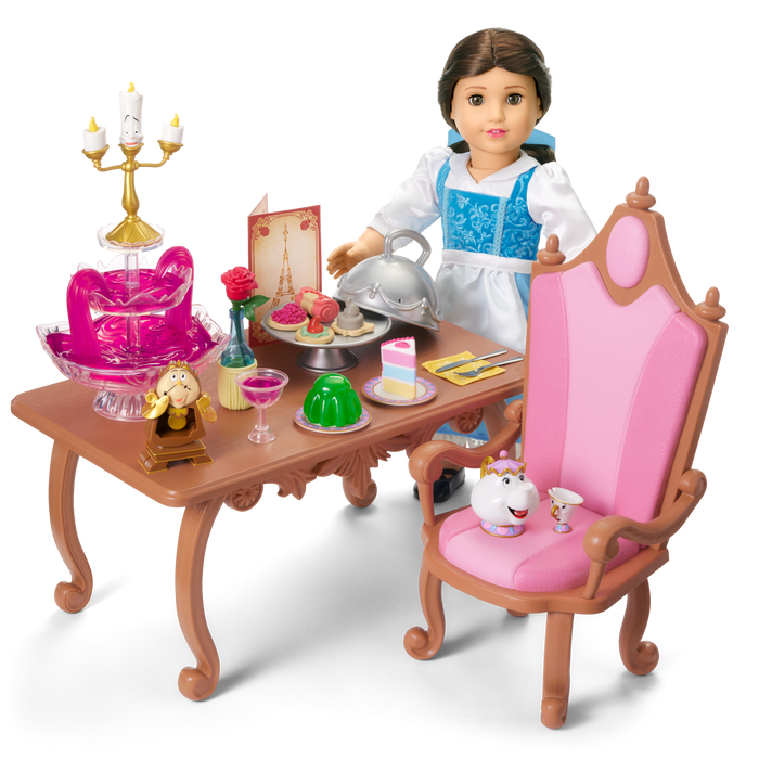 Disney Princess Belle Enchanted Castle Dining Set, Blue Dress & Friends Bundle for 18-inch Dolls M6
