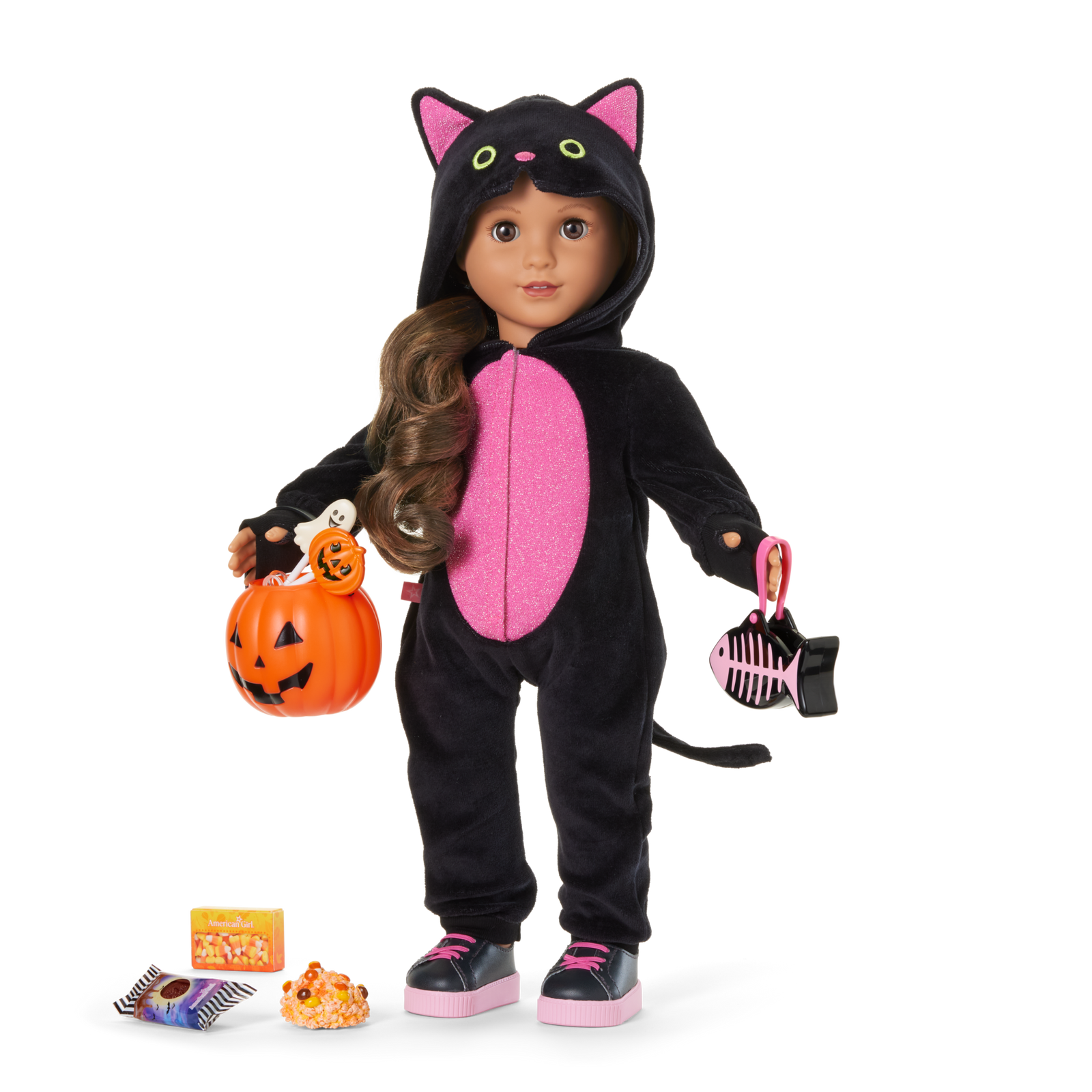 Claws & Cuddles Cat Costume & Trick-or-Treat Set Bundle for 18-inch Dolls N0